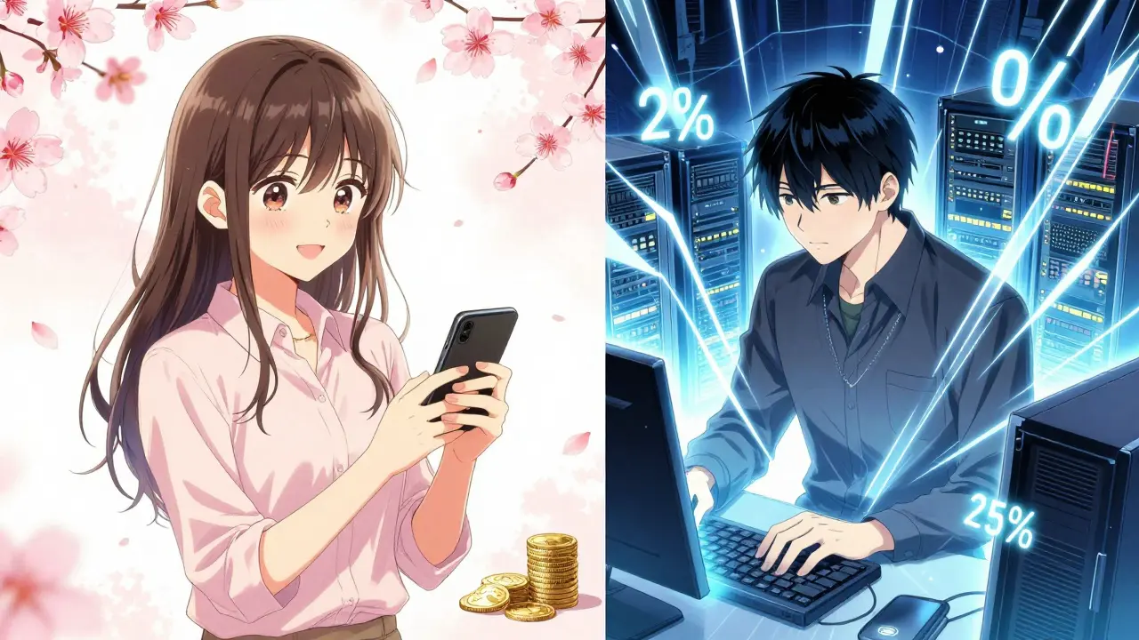 Comparison of retail trading and crypto mining shown in a split-screen shoujo manga layout.