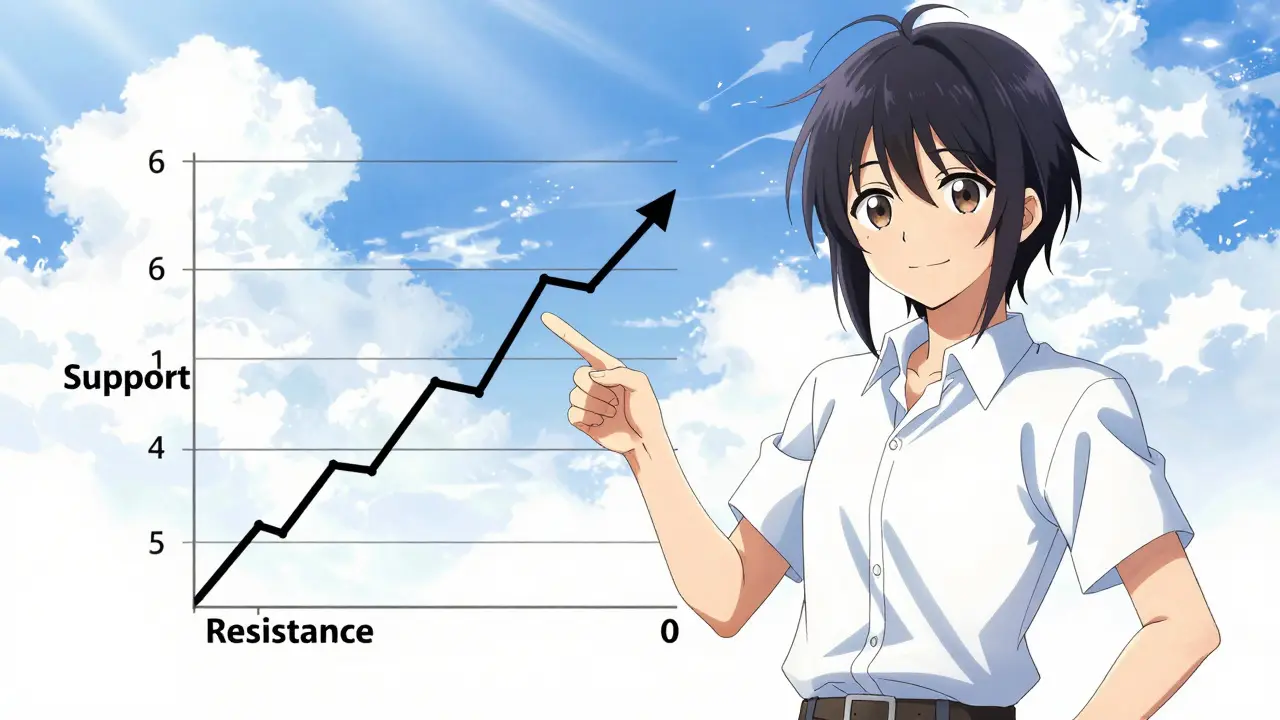 Confident student identifying support and resistance levels on a chart