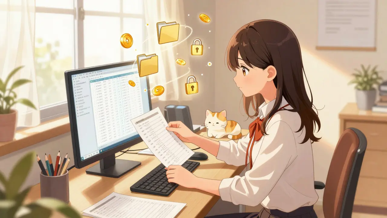 Determined trader organizing financial records at a sunlit desk in shoujo manga style.