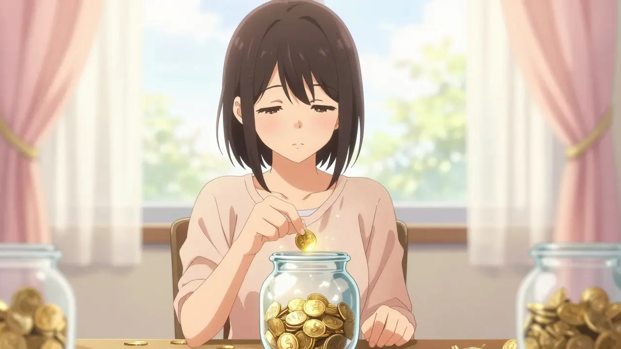 Determined woman adding coins to a crystal jar in a hopeful shoujo manga setting