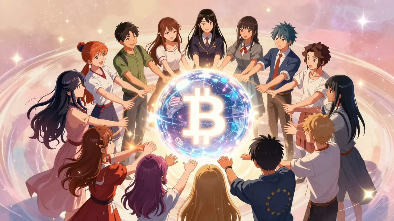 Diverse group of people joining hands around a glowing Bitcoin sphere in a celestial setting
