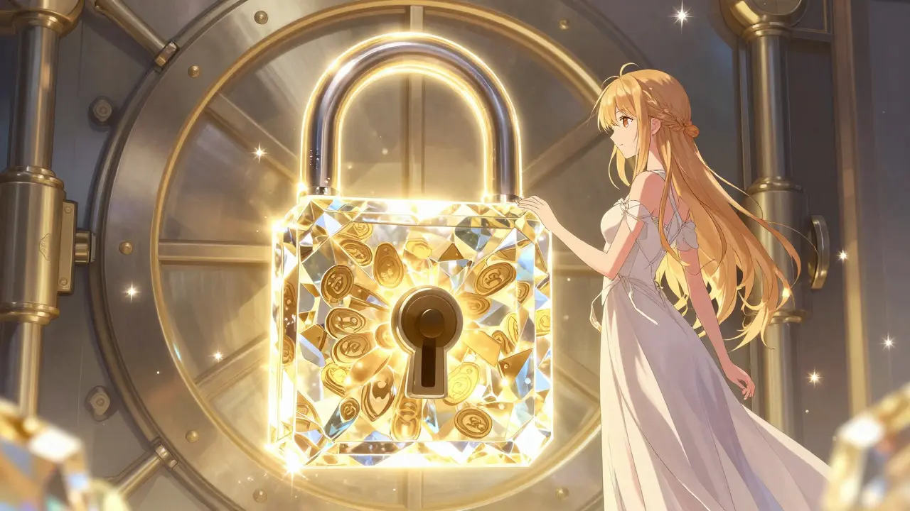 Ethereal figure guarding a glowing crystalline token lock in shoujo manga style