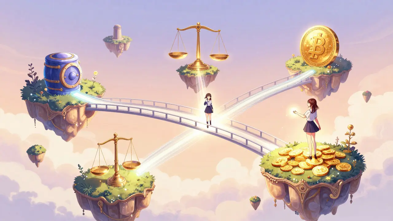 Floating islands connected by ribbons of light representing DeFi interoperability in manga style.