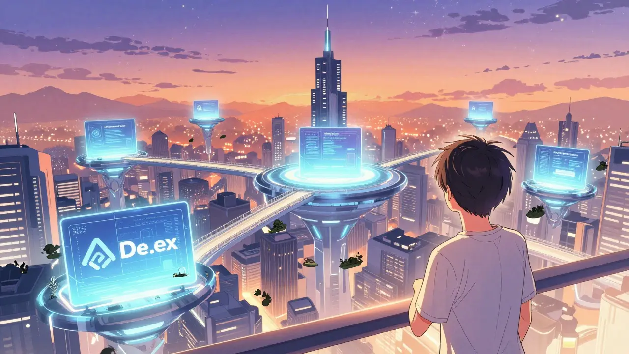 Futuristic DeFi city with floating platforms in shoujo manga style