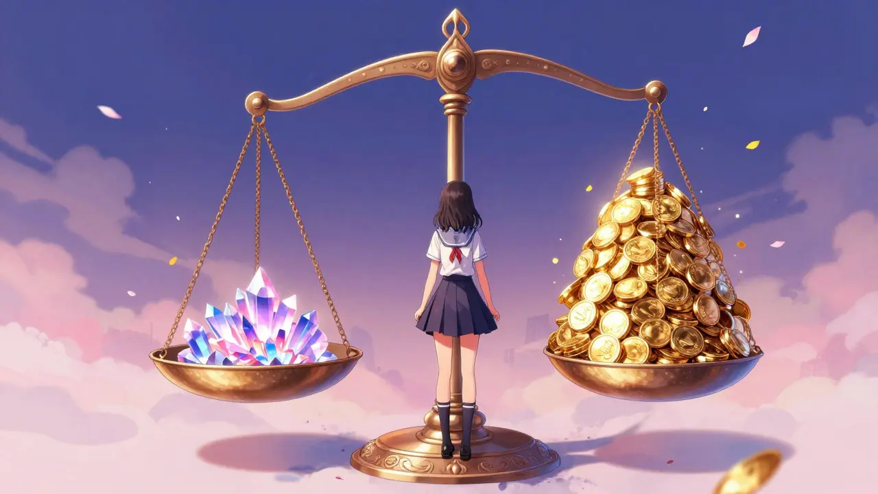 Manga character comparing a small pile of tokens to a mountain of gold on a scale