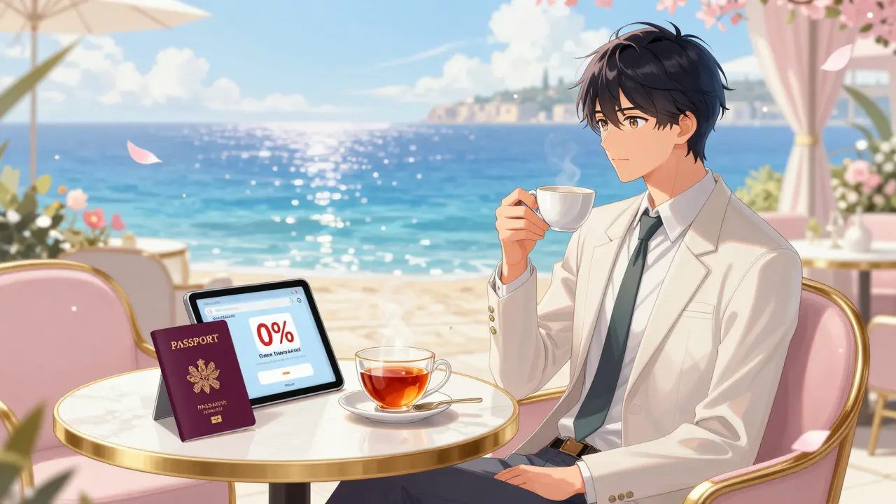 Peaceful person relaxing by the ocean with a new passport and tax-free crypto gains.