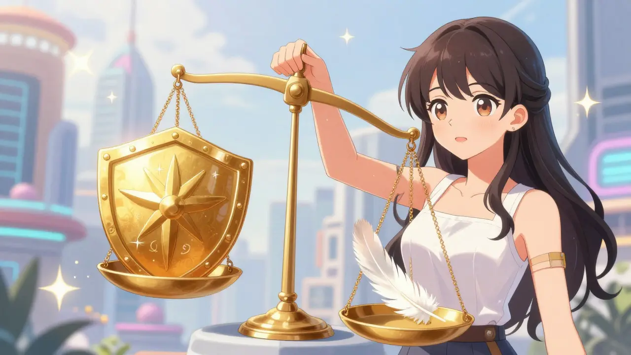 Shoujo girl holding scales weighing safety shields versus risk feathers