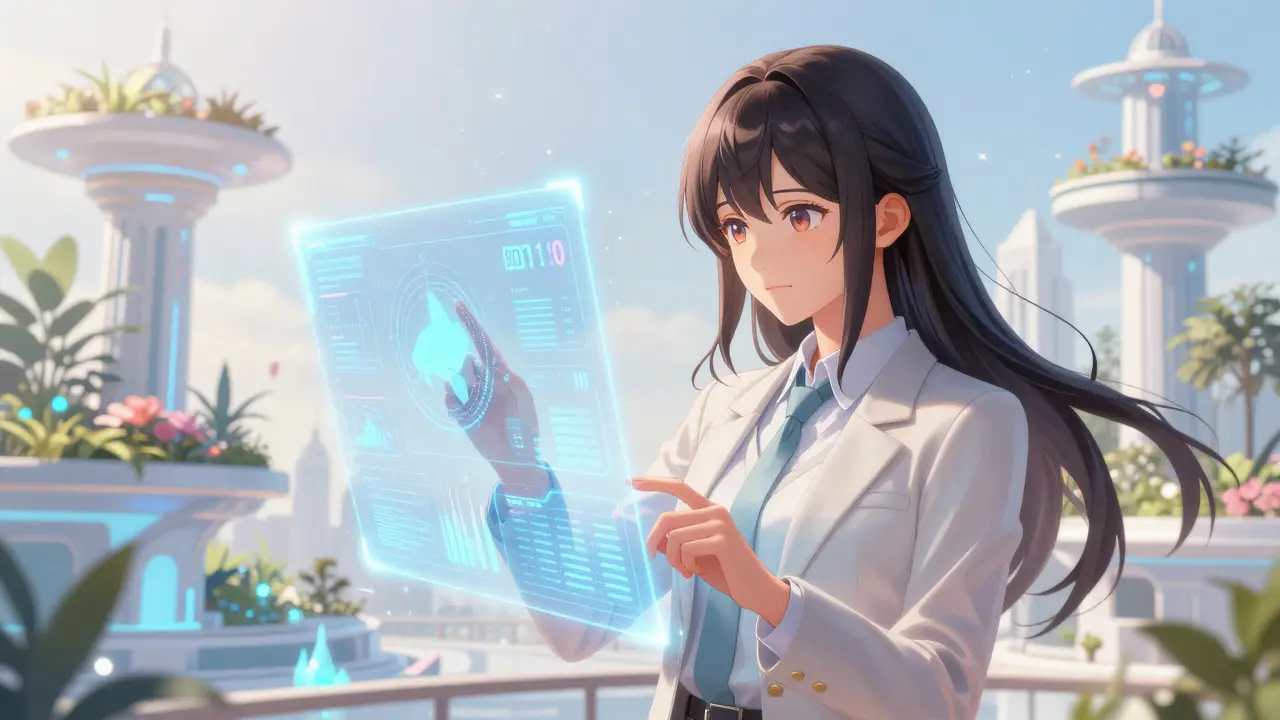 Shoujo manga character managing an AI business with holographic screens in a virtual city.