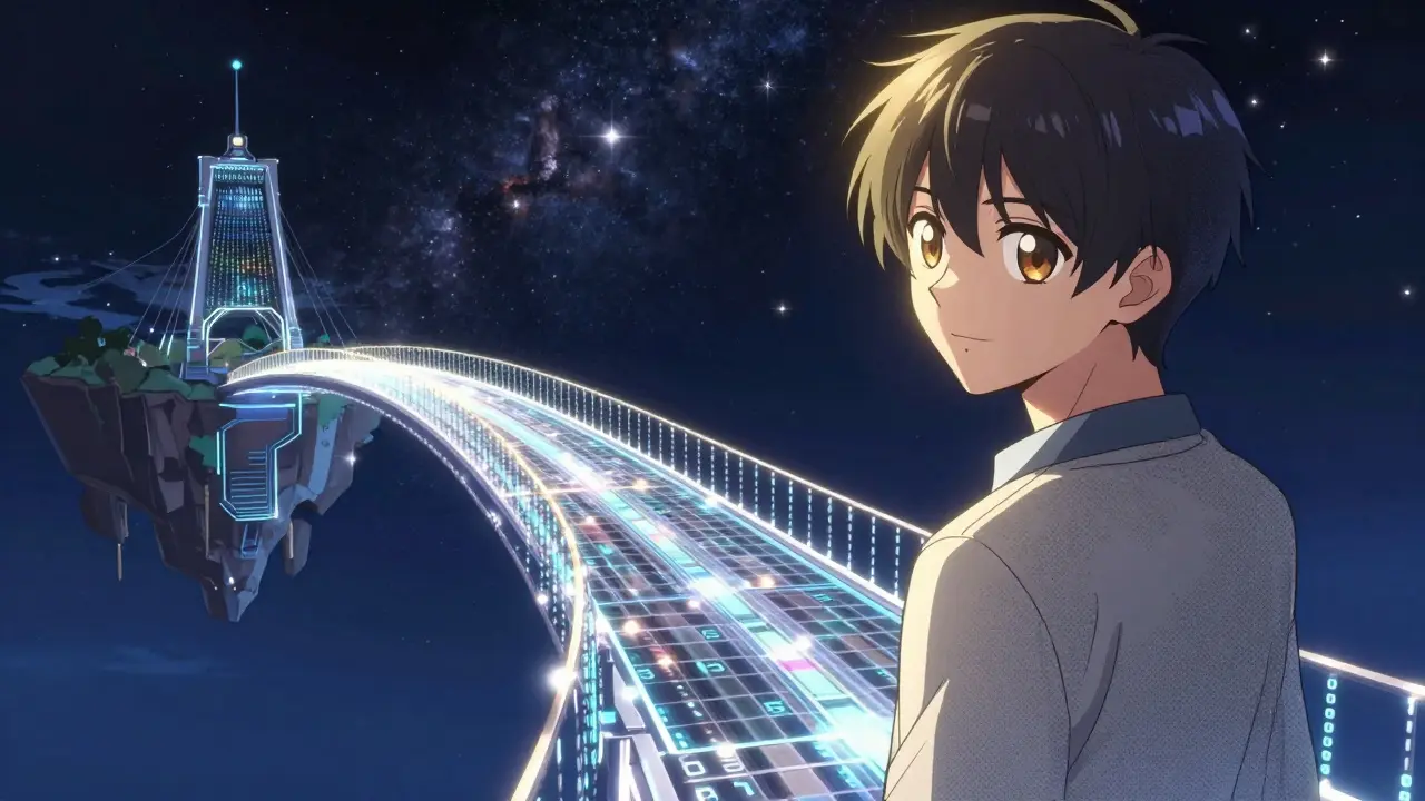 Shoujo manga illustration of a glowing digital bridge connecting two islands in a starry sky.