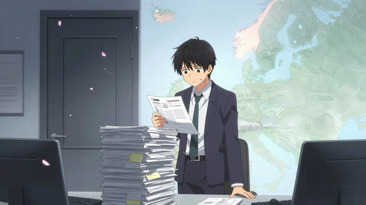 Shoujo manga illustration of a worried entrepreneur facing Swedish regulatory paperwork.