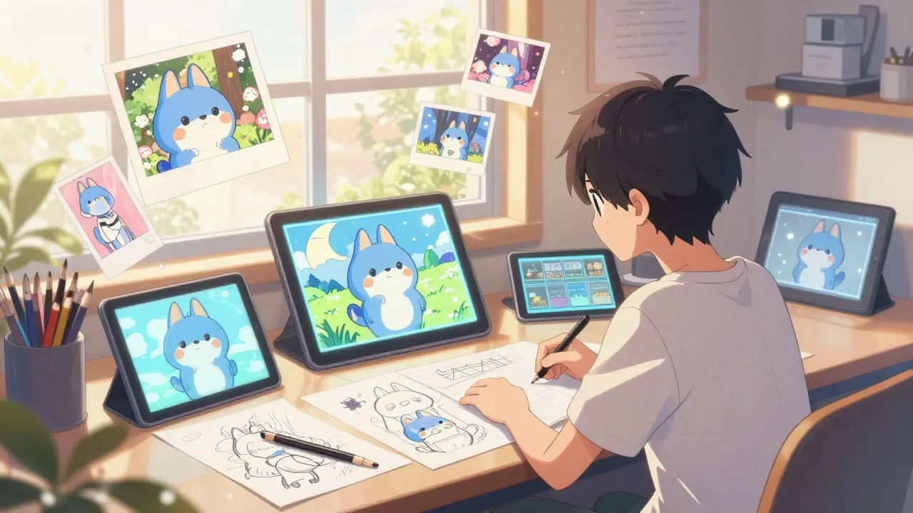 Shoujo manga scene of an animation studio with sketches of the blue dog character.