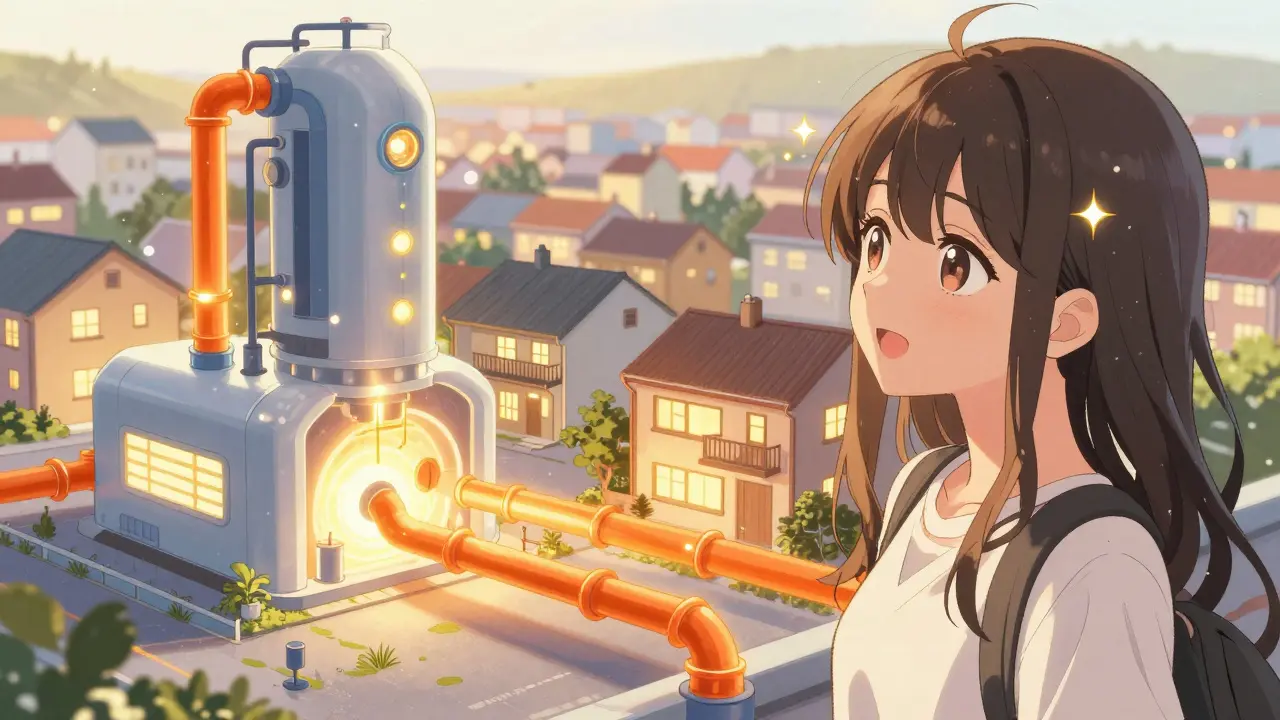 Shoujo manga scene showing heat recovery from a crypto facility warming a cozy home.