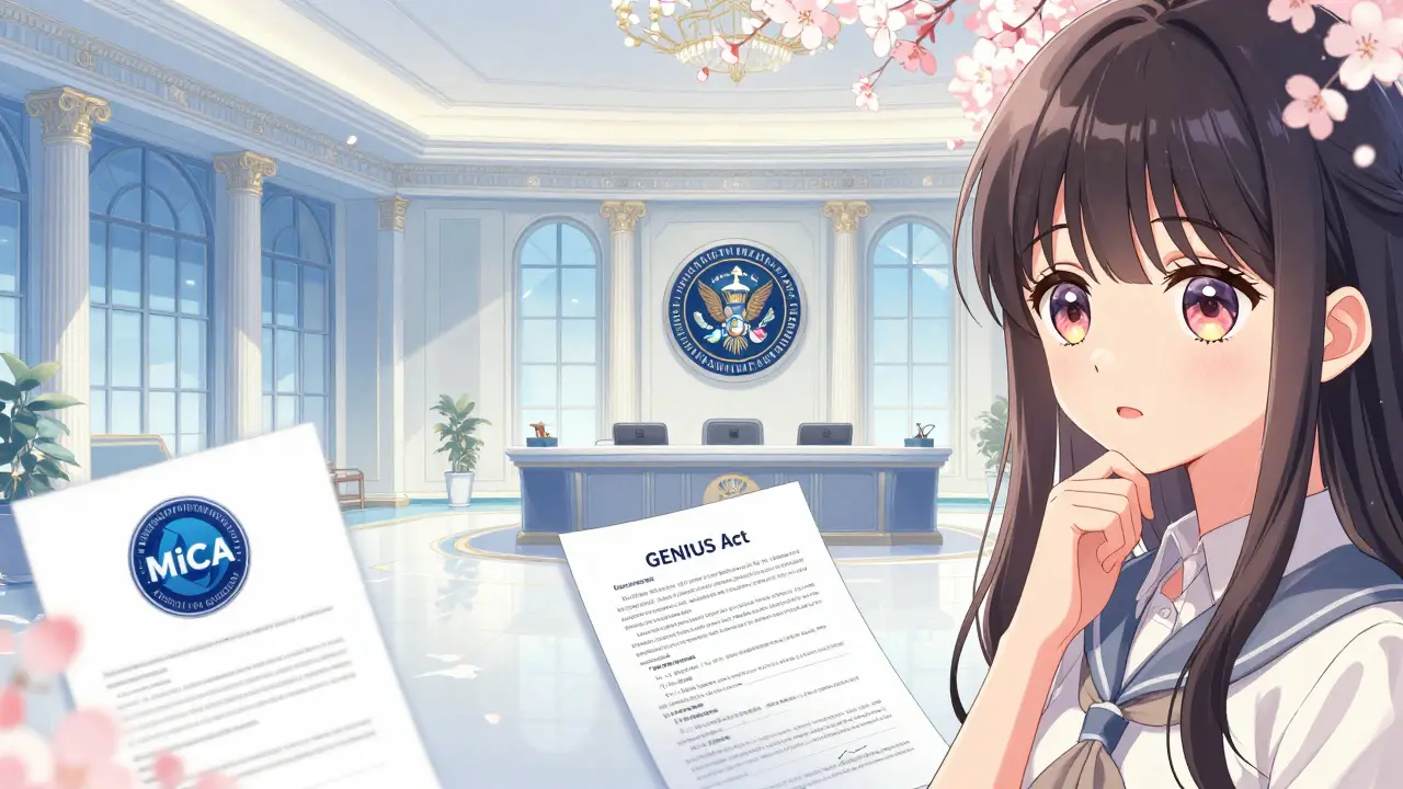 Split scene of European and US regulatory offices with a thoughtful female character