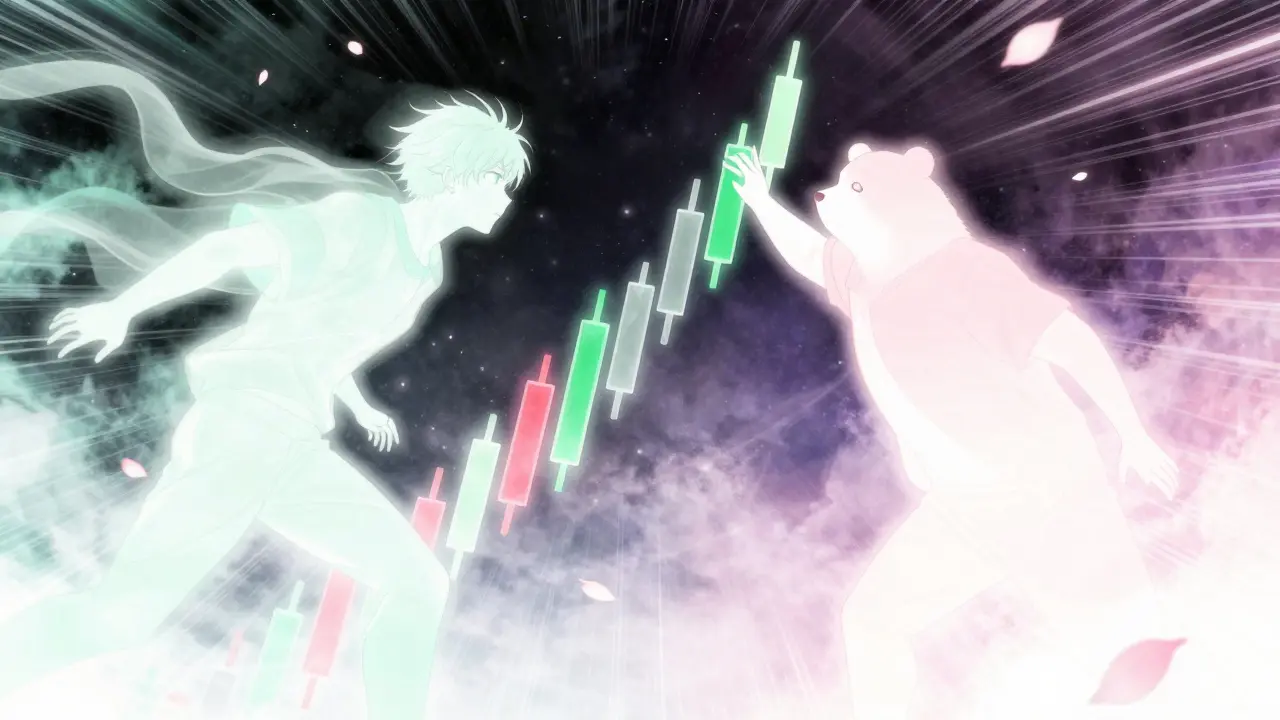 Stylized battle between market buyers and sellers with floating charts