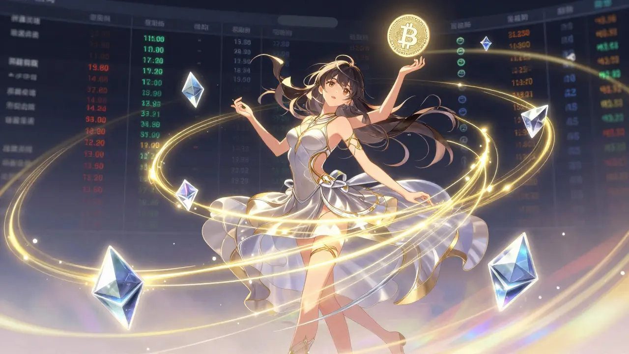 Stylized figure coordinating glowing lines and crypto symbols in a swirling, high-tech manga composition.