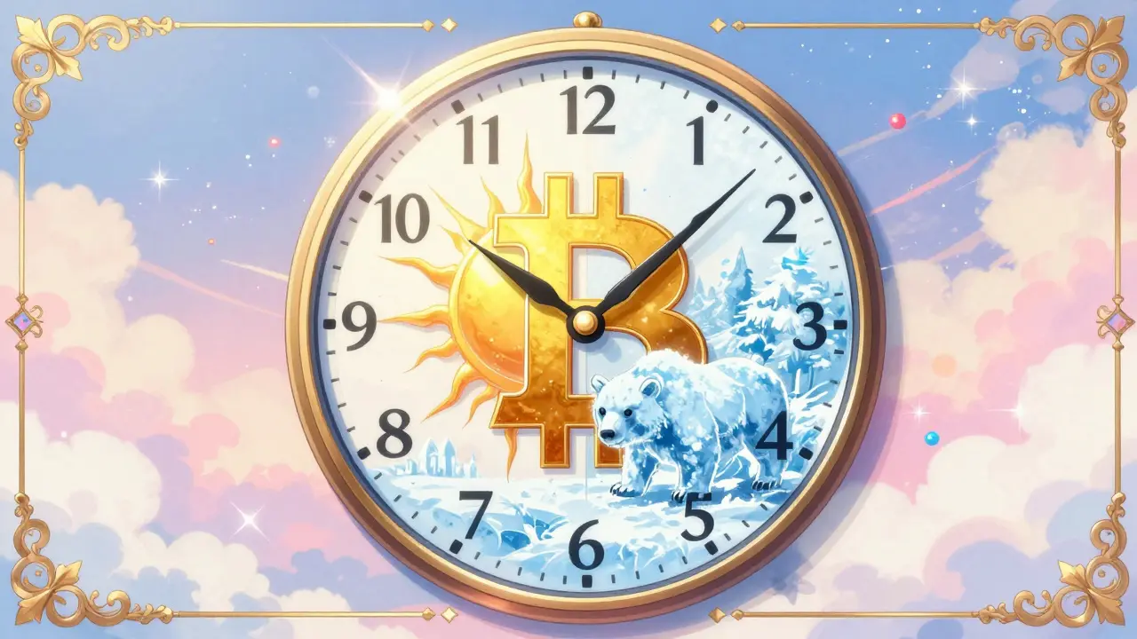 Surreal shoujo manga art showing a Bitcoin clock transitioning between bull and bear cycles