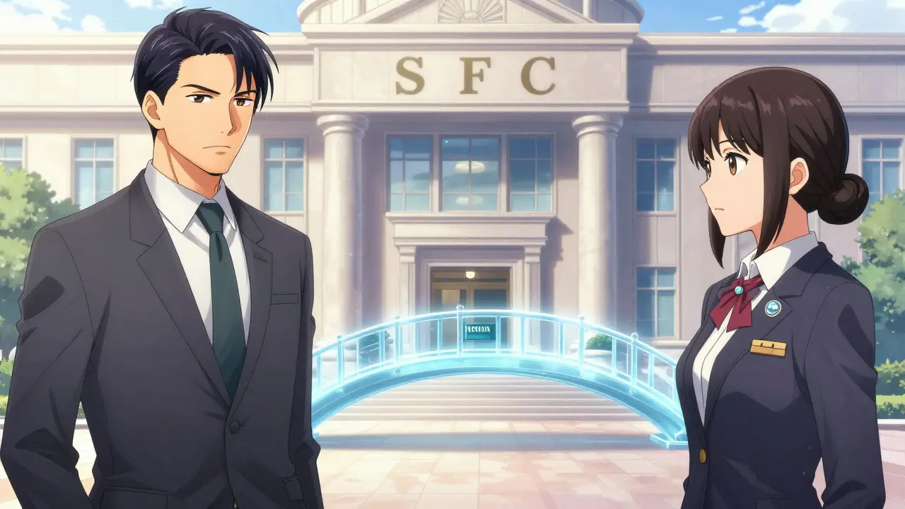 Two regulatory officials representing the SFC and HKMA in a split-screen manga layout