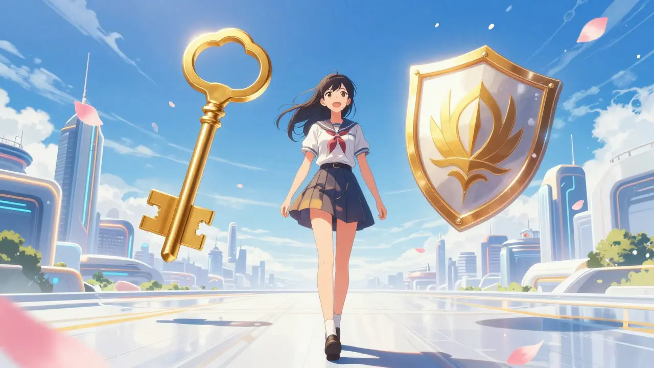 Woman walking toward a futuristic city with identity symbols in shoujo manga style