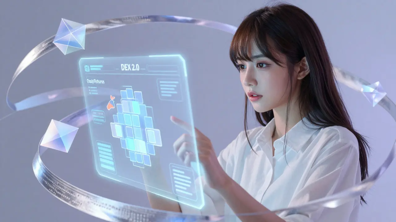 Young woman interacting with a holographic DEX 2.0 trading interface in shoujo manga style.