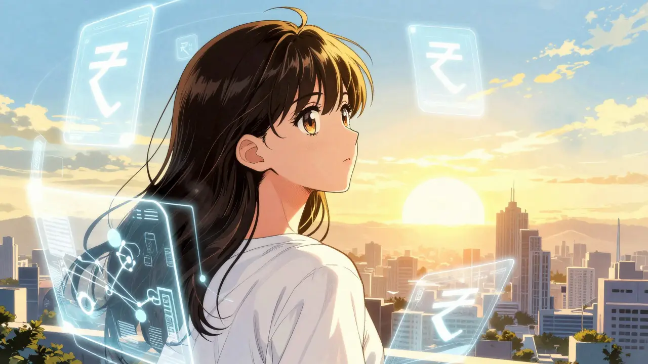 Young woman looking at a futuristic digital horizon with blockchain holograms in shoujo manga style