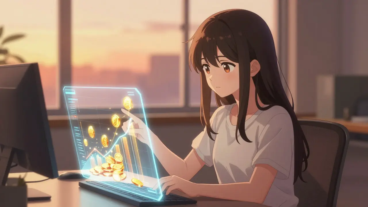 Young woman using a holographic interface to manage her liquidity farming rewards.
