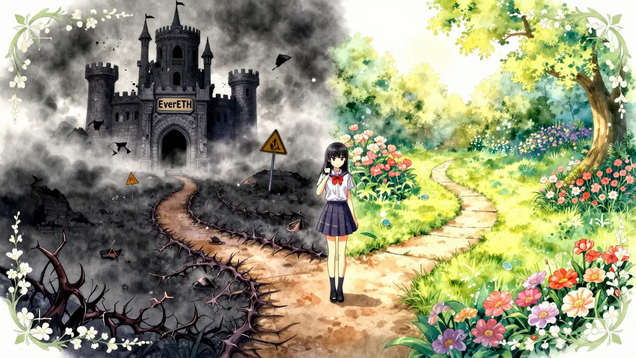 An anime character chooses a safe financial path over a dark, risky crypto token route.