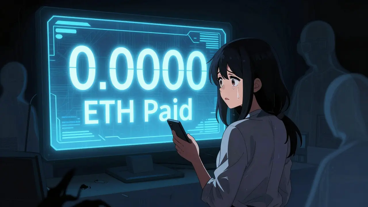 An anime girl looks shocked at a dashboard showing zero ETH payouts and anonymous threats.