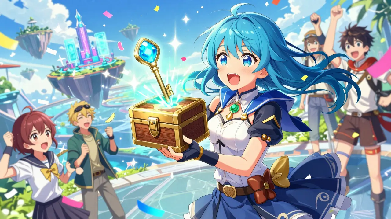 Anime character celebrating holding a radiant NFT key in a futuristic metaverse with friends.