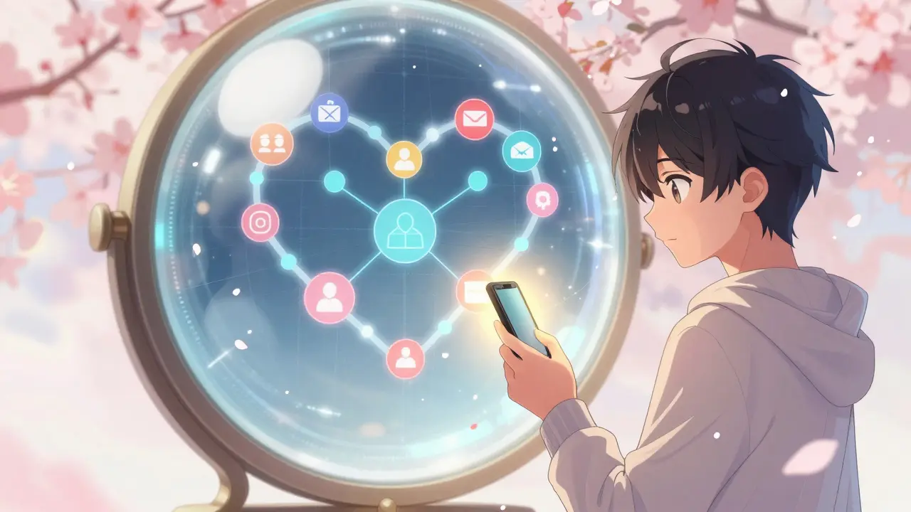 Anime character checking eligibility through a magical mirror reflecting social and crypto symbols.
