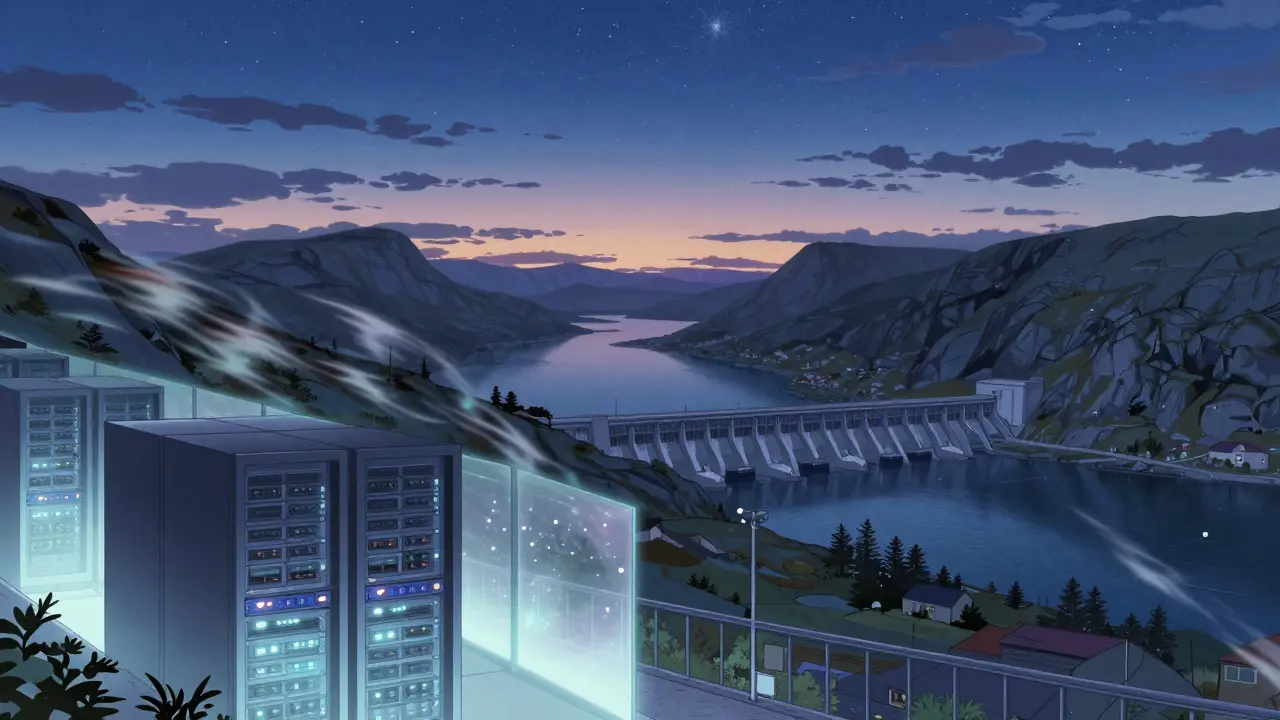 Anime landscape of Norwegian fjords with server racks behind a magical barrier.