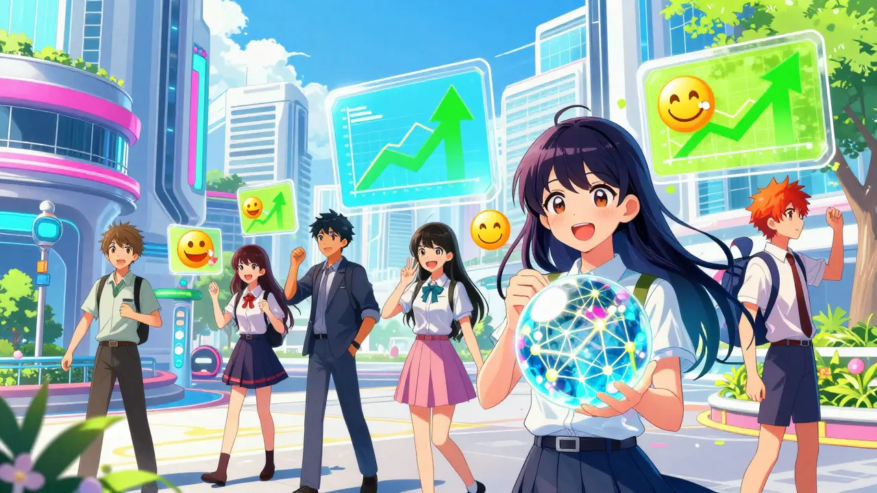Cheerful people engaging with vibrant, active crypto ecosystem interfaces