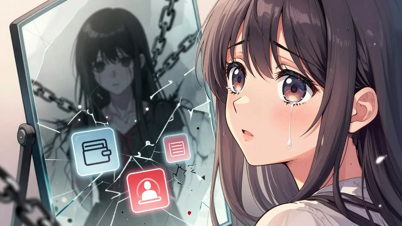Close-up of anime girl crying as digital wallet icons crack and turn red.