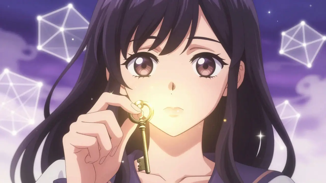 Confident manga woman holding a glowing golden key symbolizing crypto sovereignty.