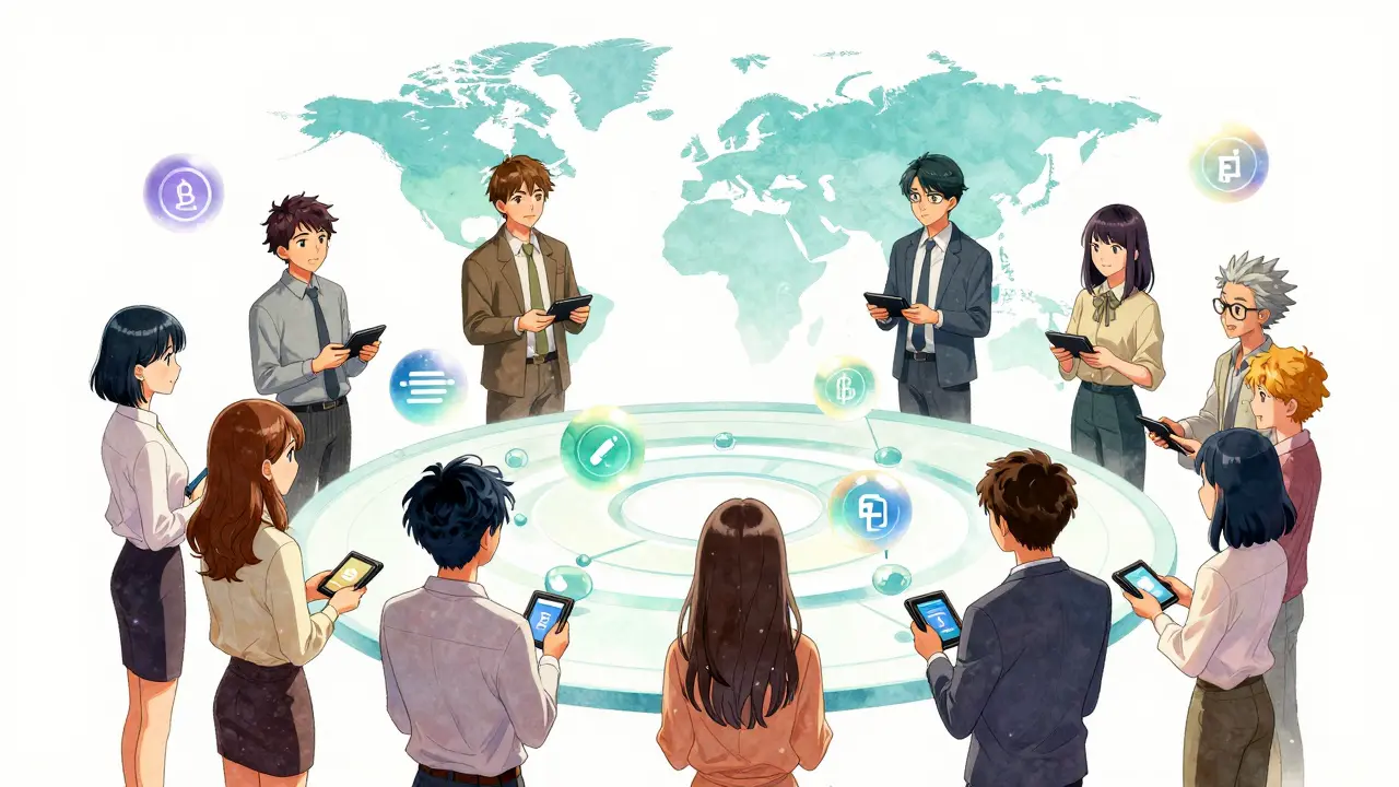 Diverse users connecting crypto wallets to traditional assets in a bright shoujo manga scene.