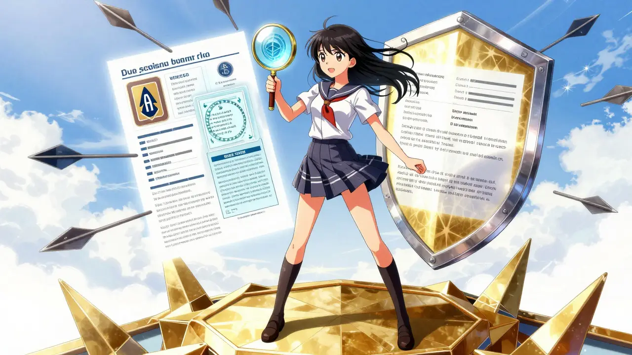 Empowered manga heroine using magnifying glass to verify safe crypto code.
