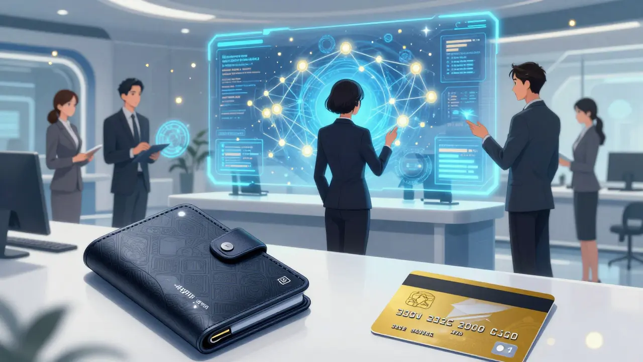 Futuristic bank scene showing blockchain integration and hardware wallets