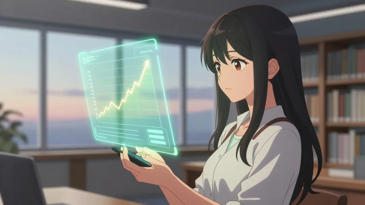 Girl analyzing holographic market chart in soft shoujo anime style