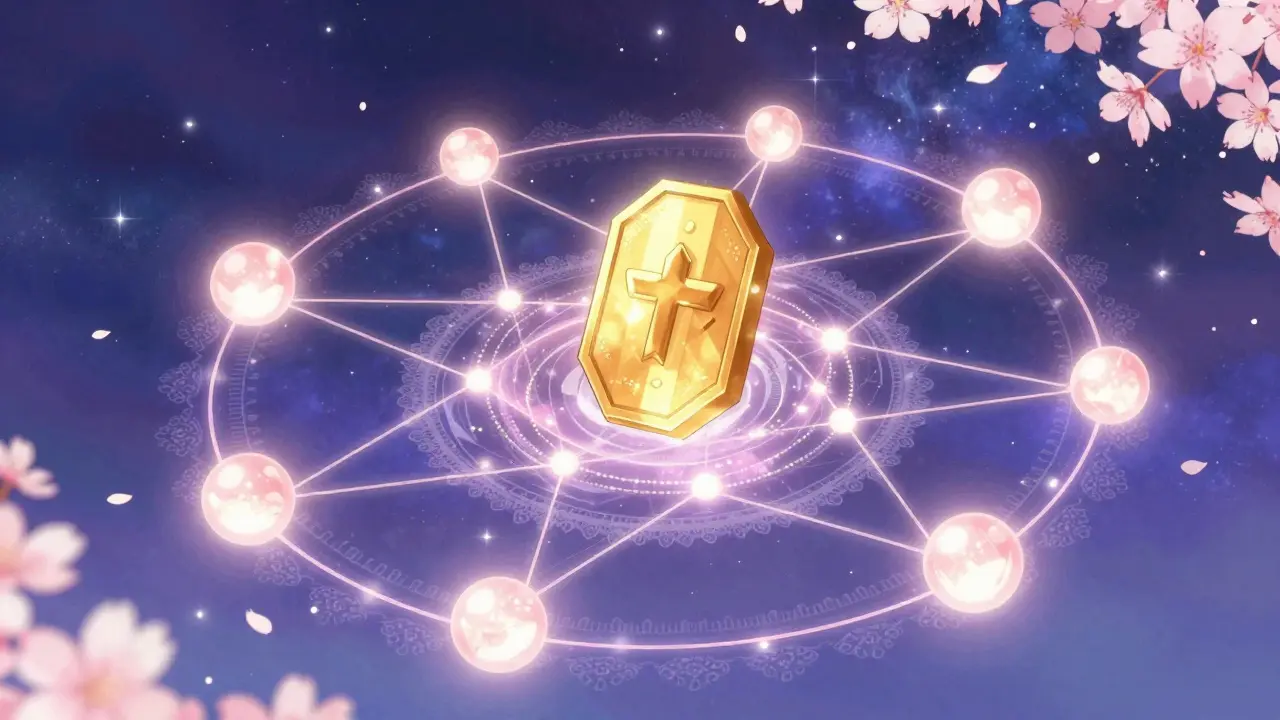 Glowing crypto token connected by light networks in shoujo manga art