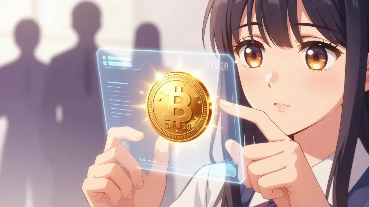 Holographic interface showing IVVon token minting backed by real shares in shoujo manga art.