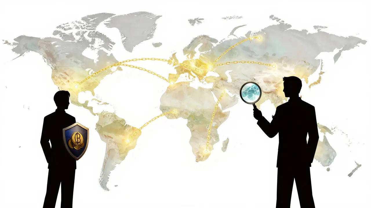 Illustration of global blockchain tracking networks and regulatory oversight