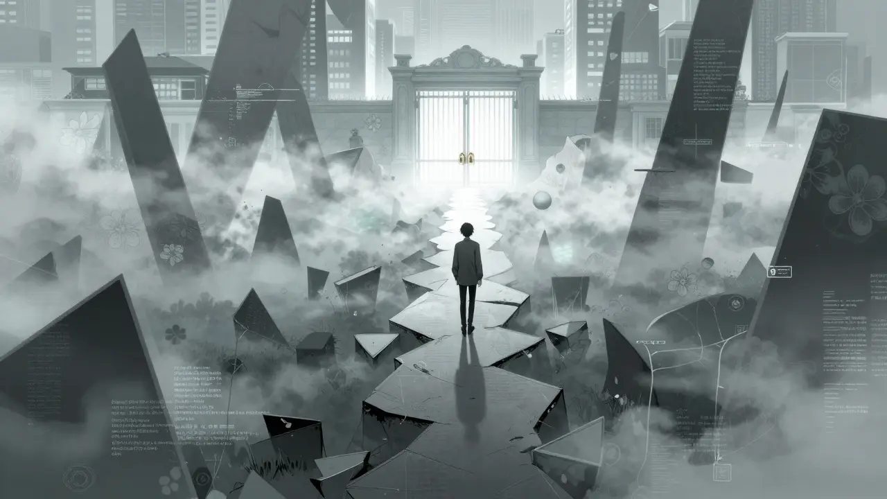 Lone figure navigating risky decentralized paths away from closed regulated gates