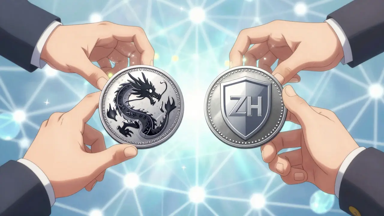 Magical privacy coins being rejected by suited regulator hands in manga style
