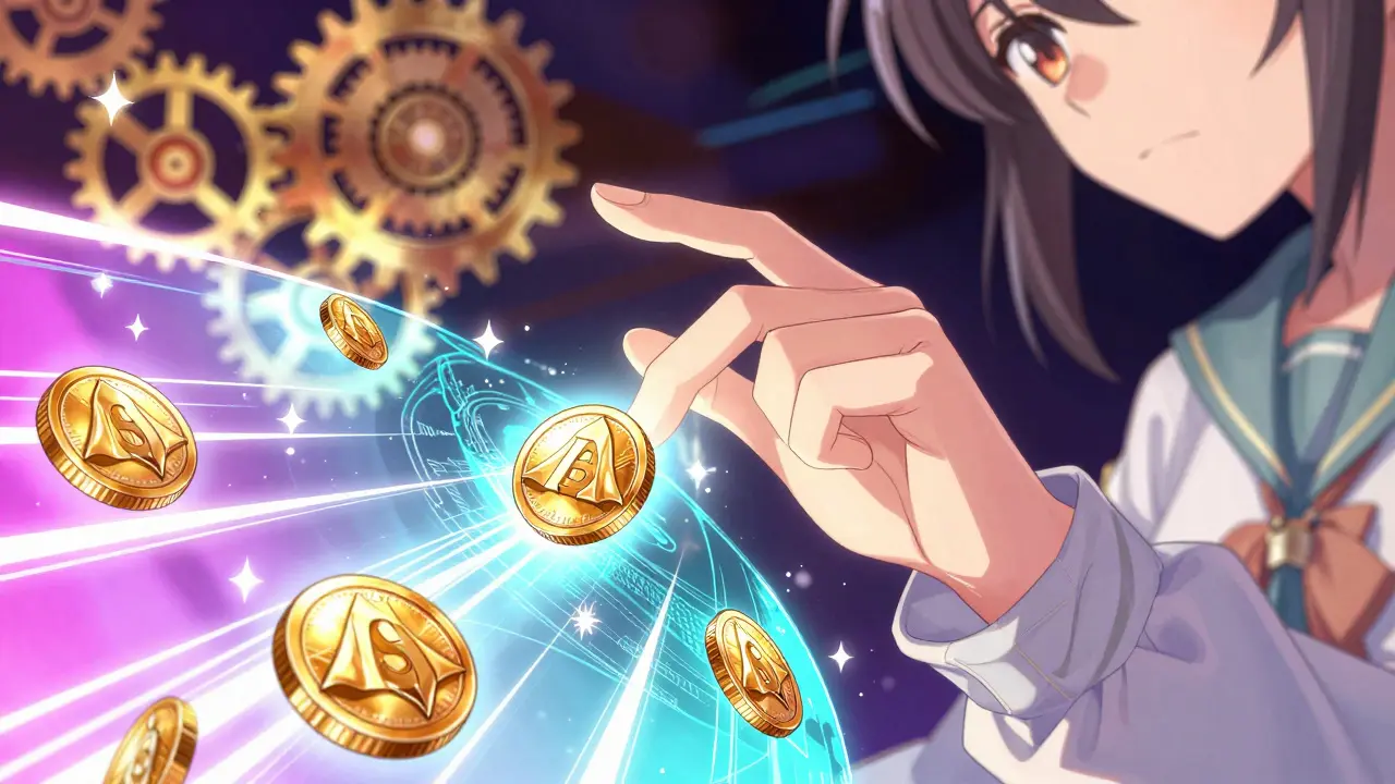 Manga character mining crypto tokens through active magical interface