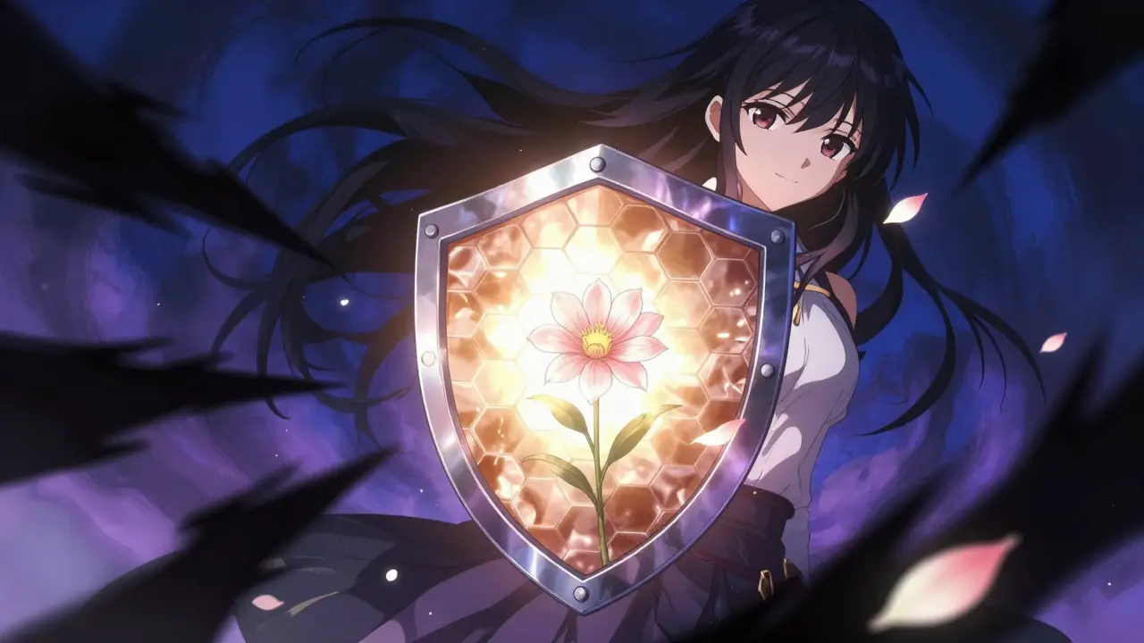 Manga character protected by a glowing shield from dark cyber shadows