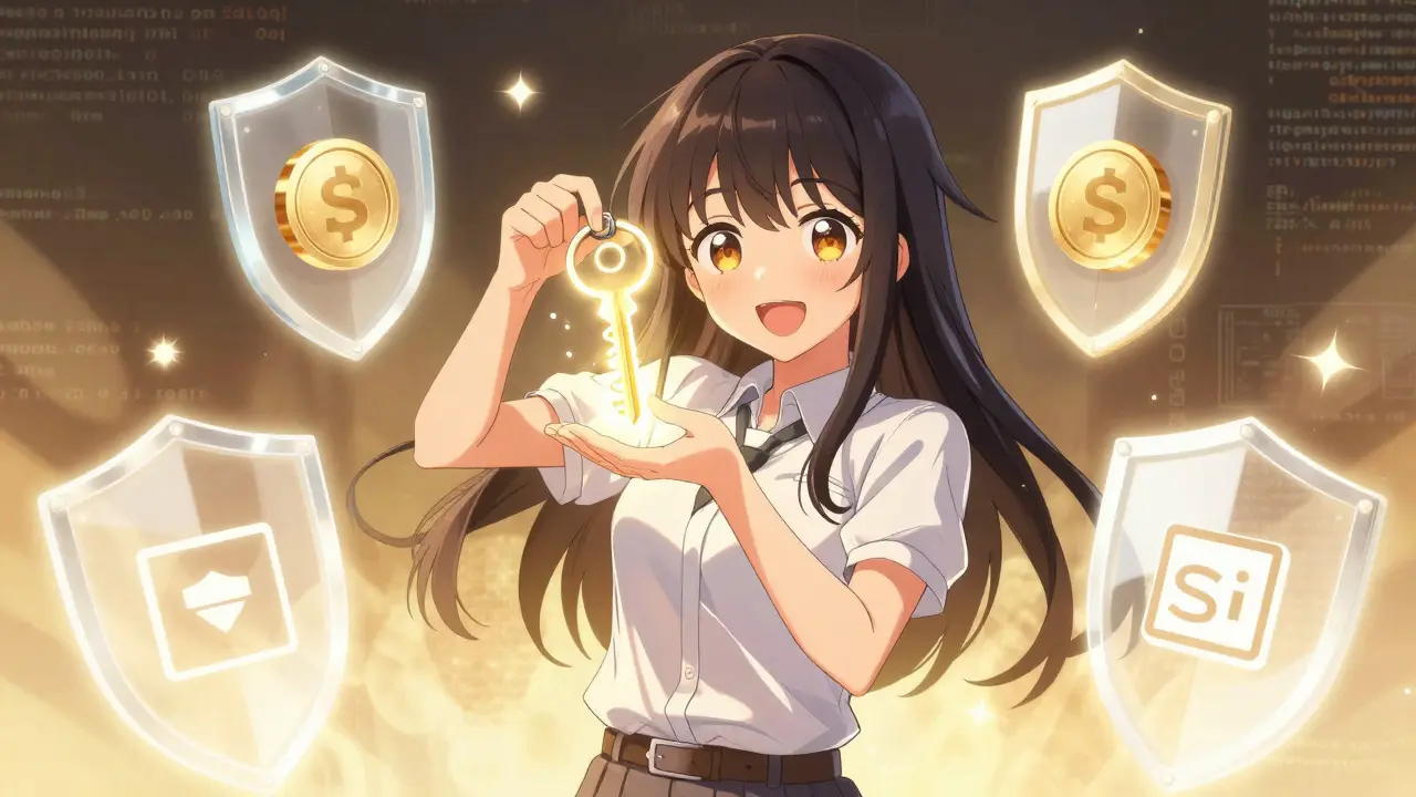 Manga character securing smart contracts with glowing shields