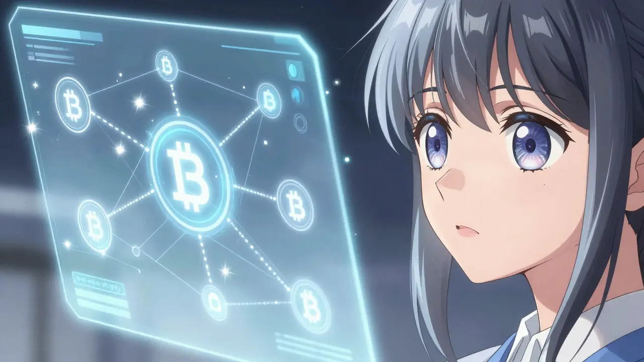 Manga character viewing holographic blockchain network connections.
