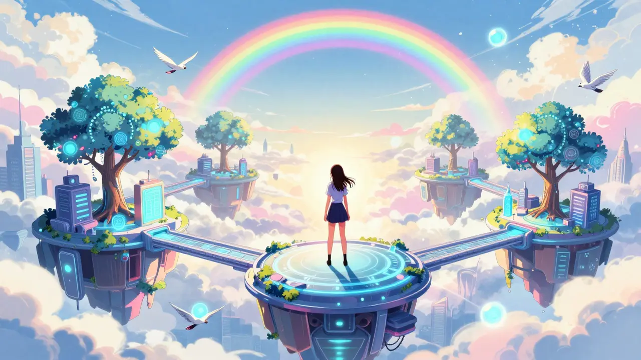 Manga heroine overlooking a secure, light-connected digital cityscape