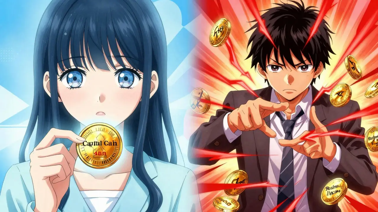 Manga illustration comparing capital gains vs business income