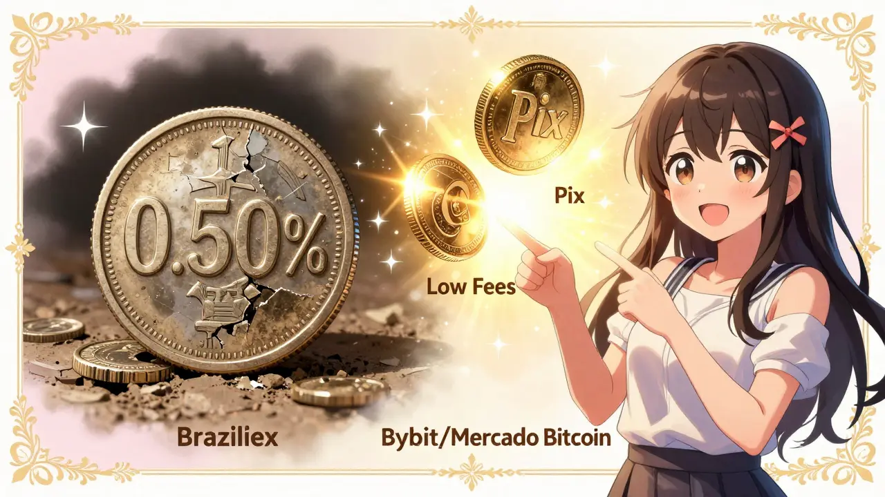 Manga illustration comparing high fees to low fee Pix payments