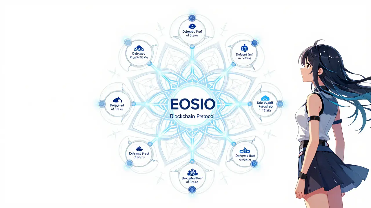 Manga style diagram of blockchain network with flower motifs